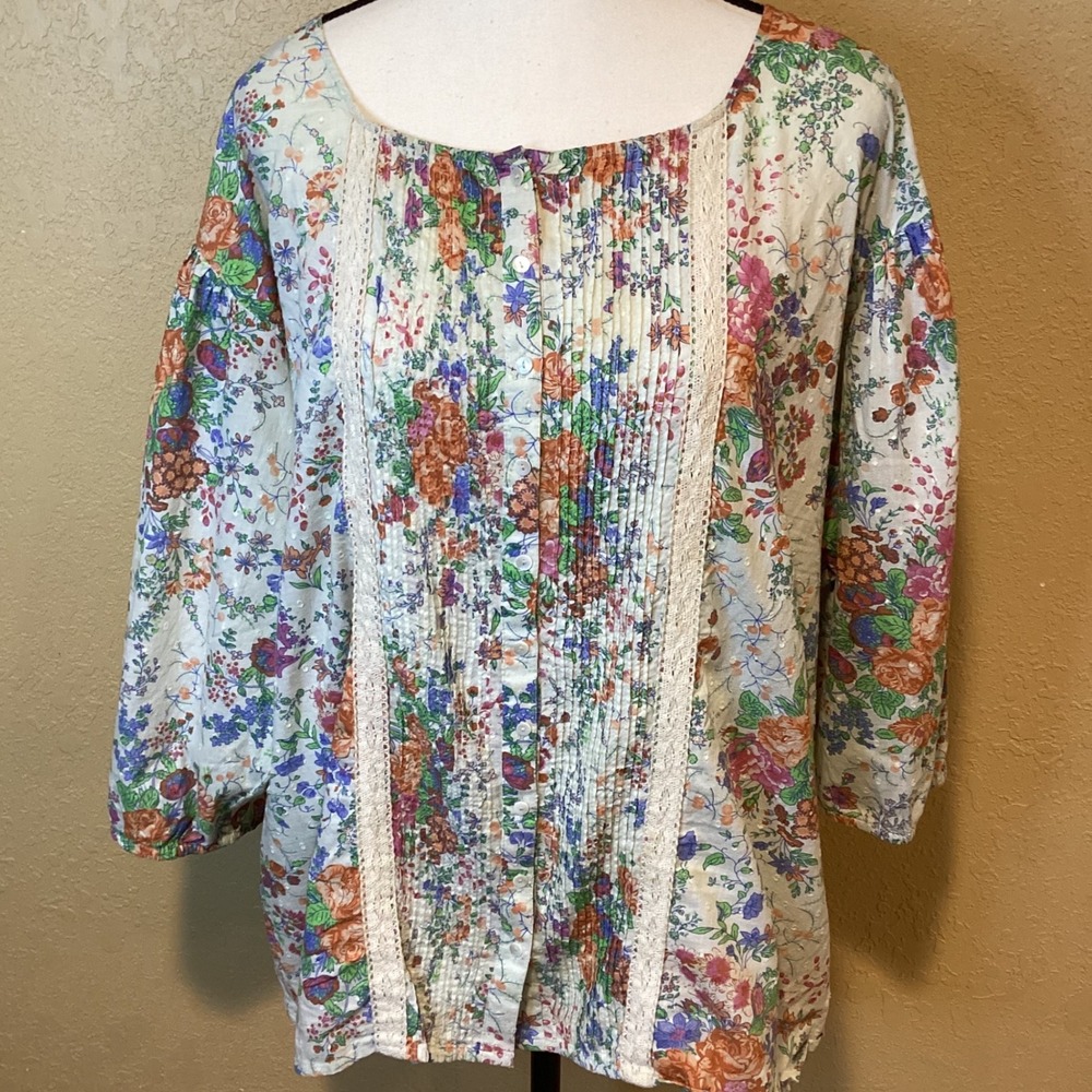 Art and Soul 100% Cotton Top‎ Women's Extra Large Cream background with floral